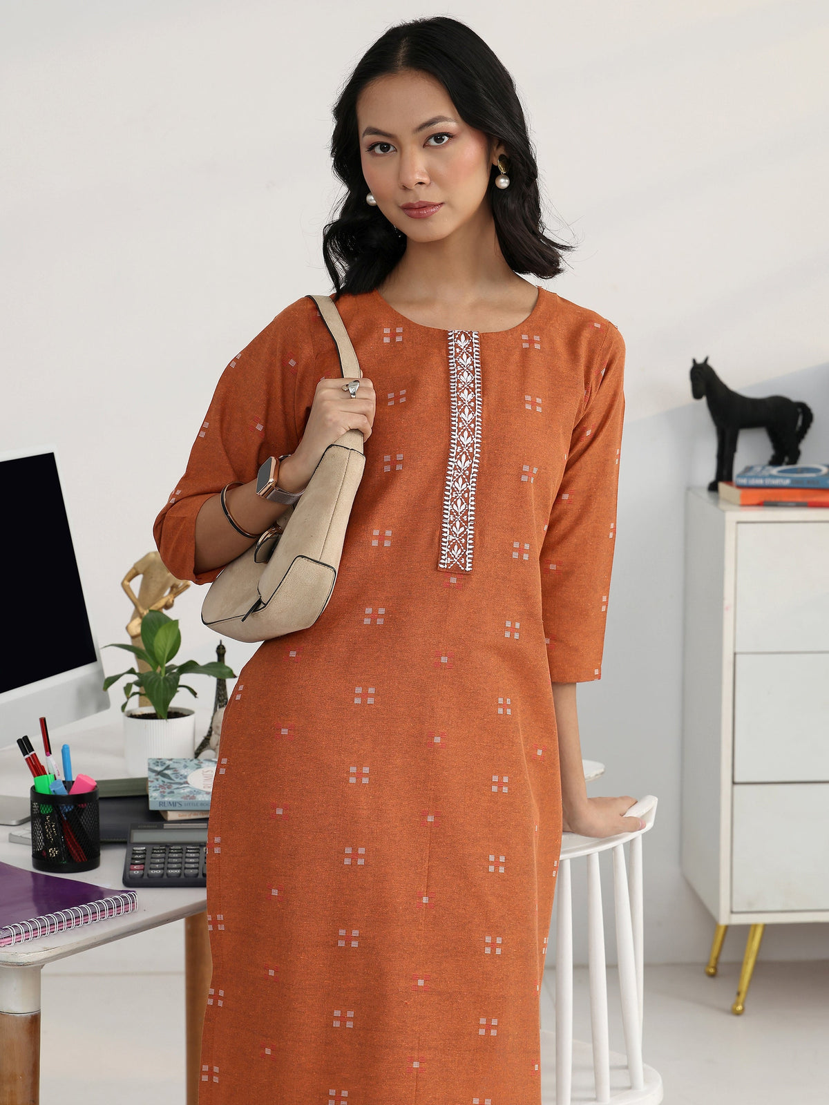 Gerua Rust Geometric Woven Design Cotton Blend Straight Kurta Set