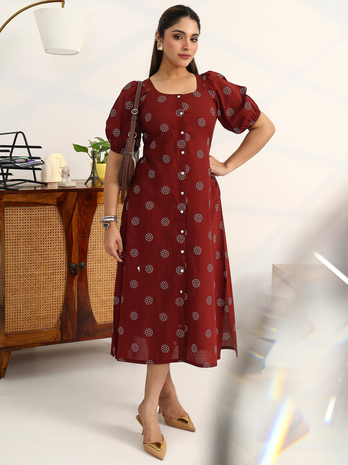 Gerua Rust Printed Cotton Blend A-Line Puff Sleeves One Piece Dress