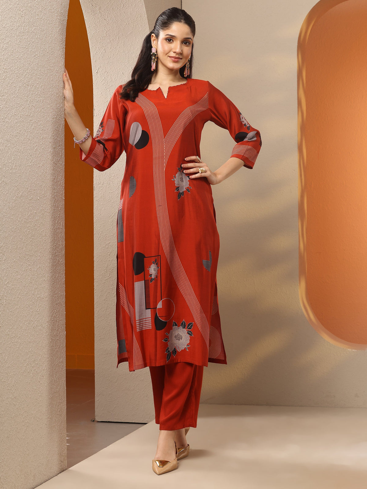 Gerua Rust Printed Silk Blend Straight Kurta