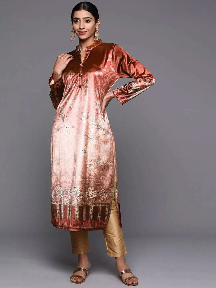 Libas Rust Printed Velvet Straight Kurta