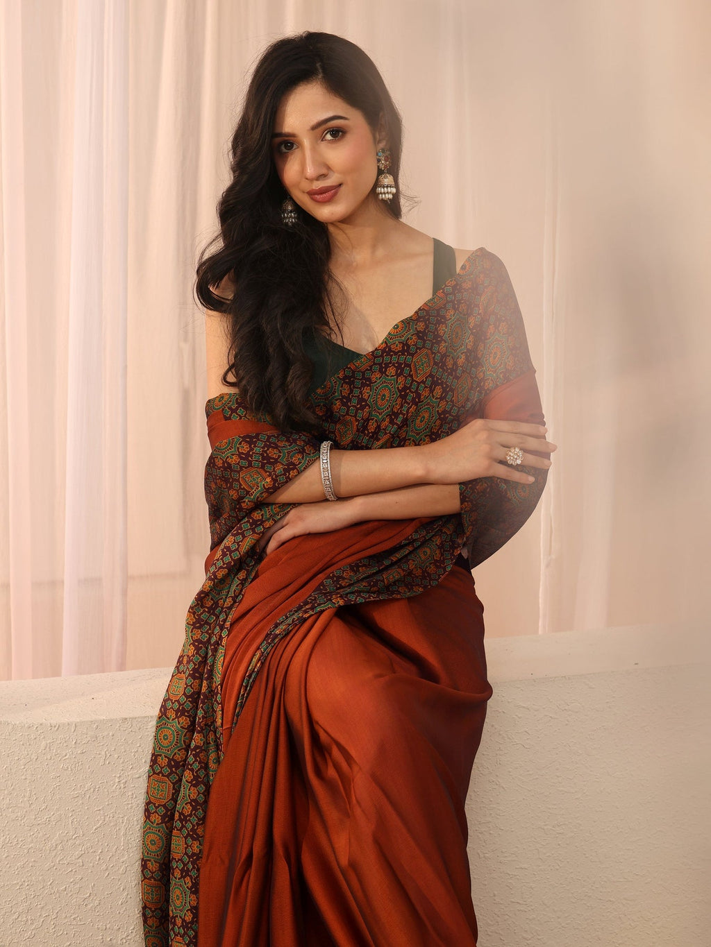 Libas Rust Chiffon Saree with Printed Border S45
