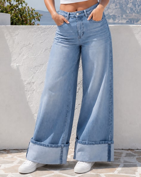 Shein Women Full Length Folded Hem Mid Wash Jeans Shein