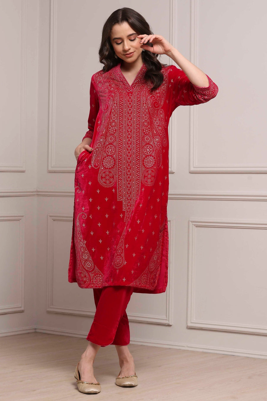 Pink Velvet Straight Winter Kurta Set KS60