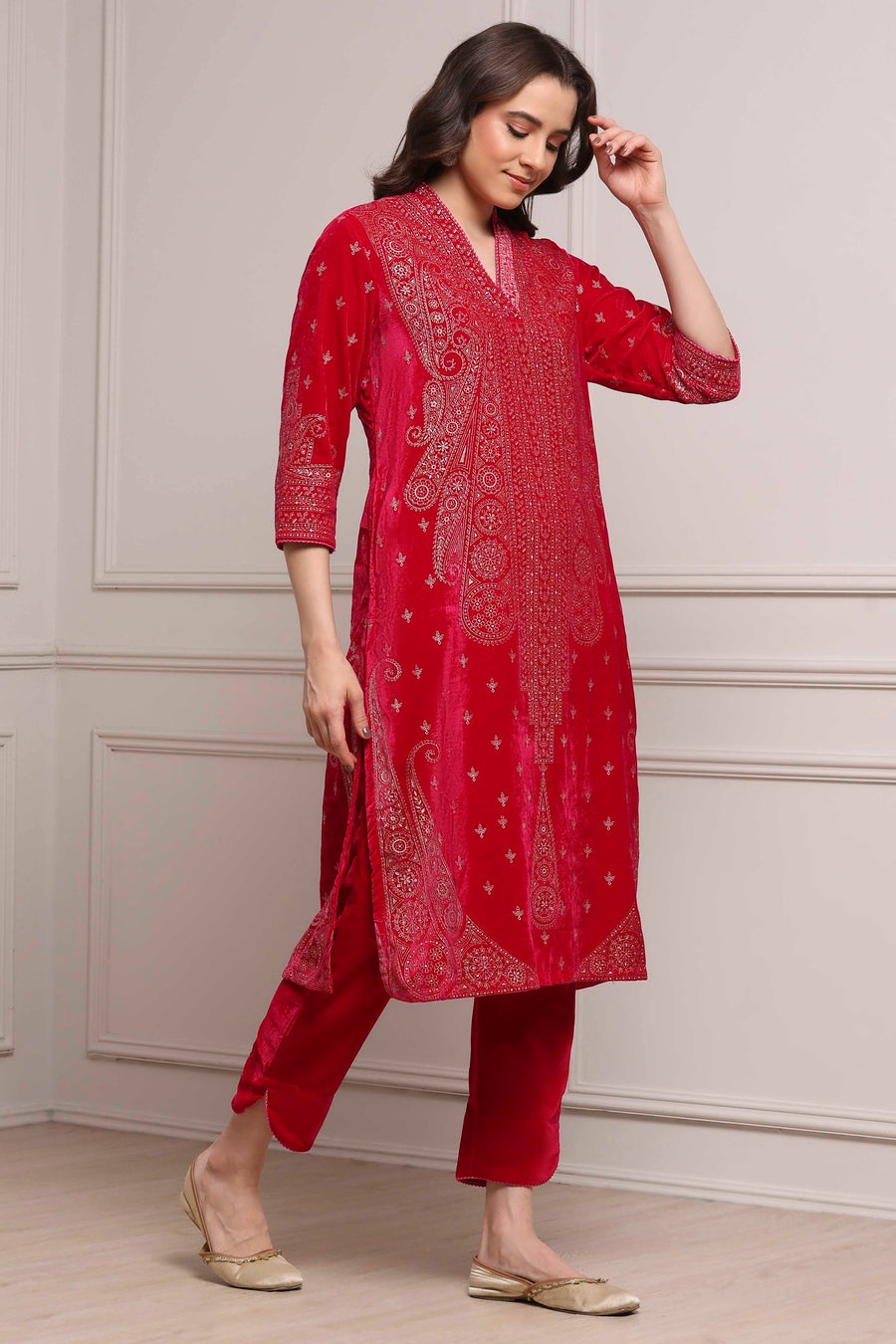 Pink Velvet Straight Winter Kurta Set KS60