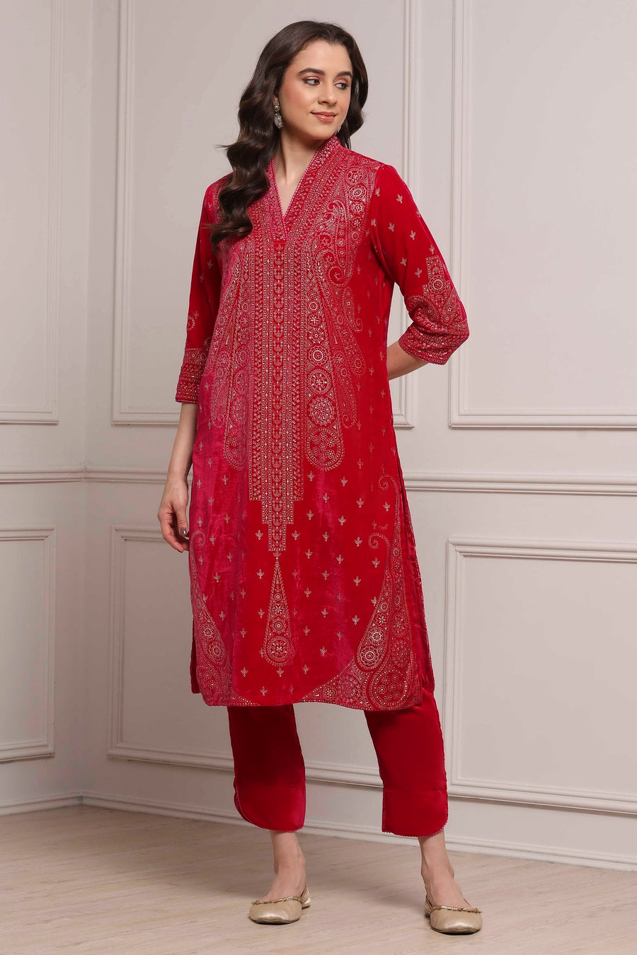 Pink Velvet Straight Winter Kurta Set KS60