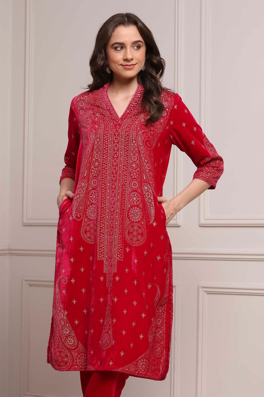 Pink Velvet Straight Winter Kurta Set KS60