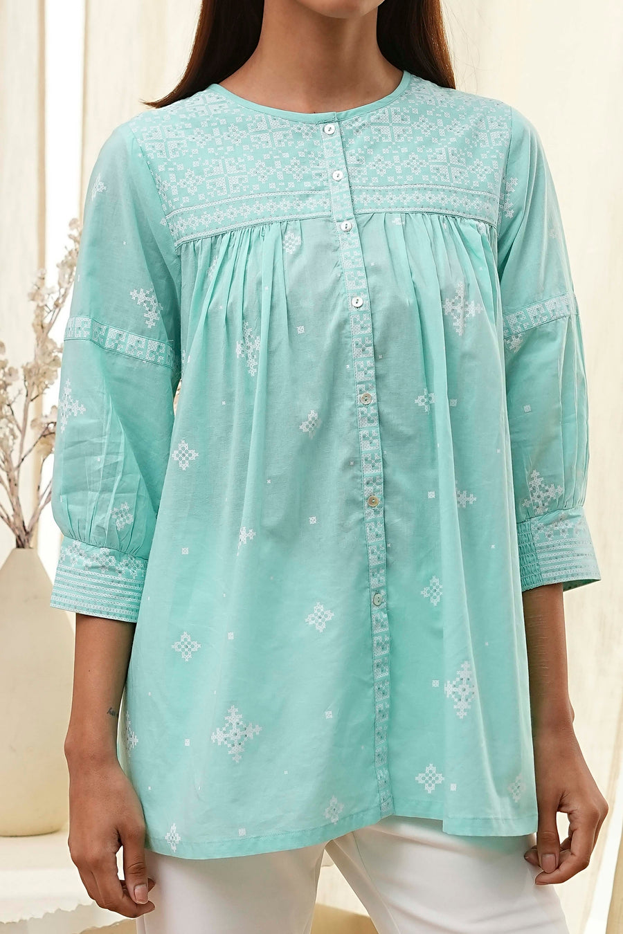 Aqua Cotton Straight Shirt-Style Short Kurta K60