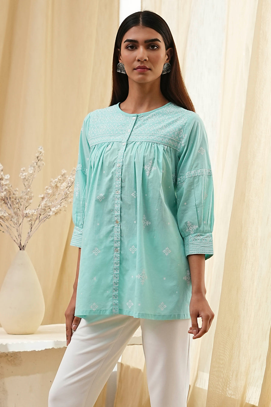 Aqua Cotton Straight Shirt-Style Short Kurta K60