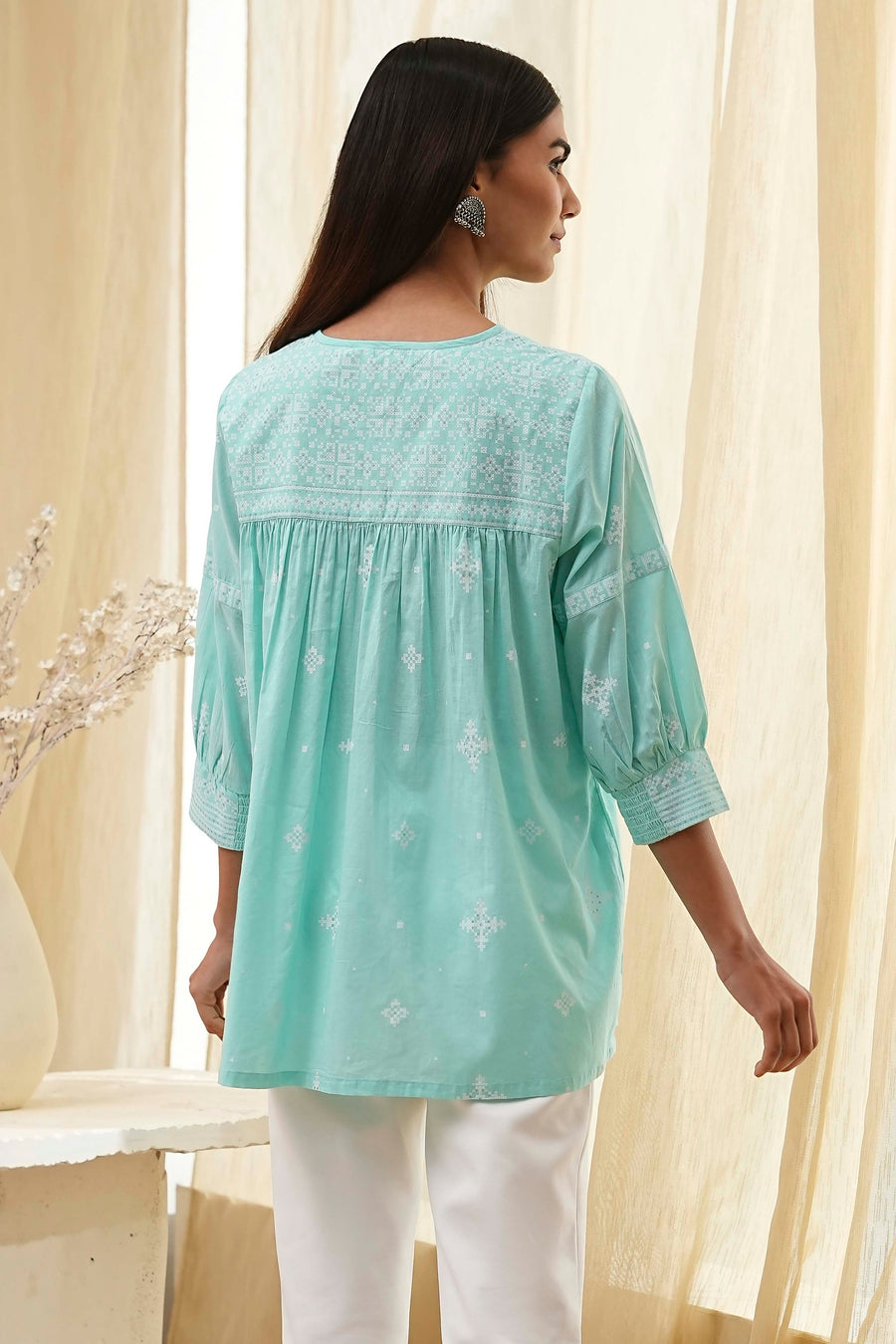 Aqua Cotton Straight Shirt-Style Short Kurta K60