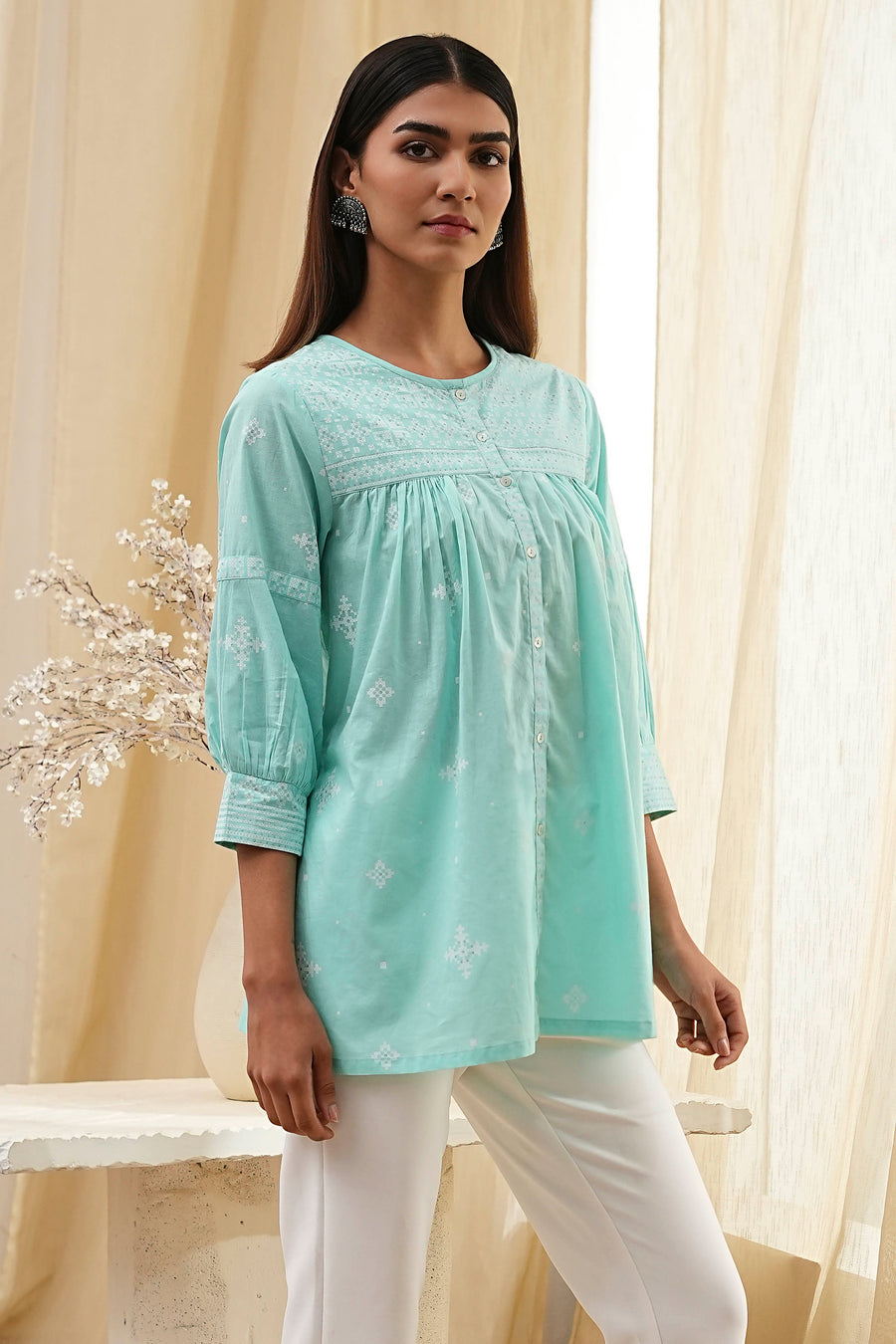 Aqua Cotton Straight Shirt-Style Short Kurta K60