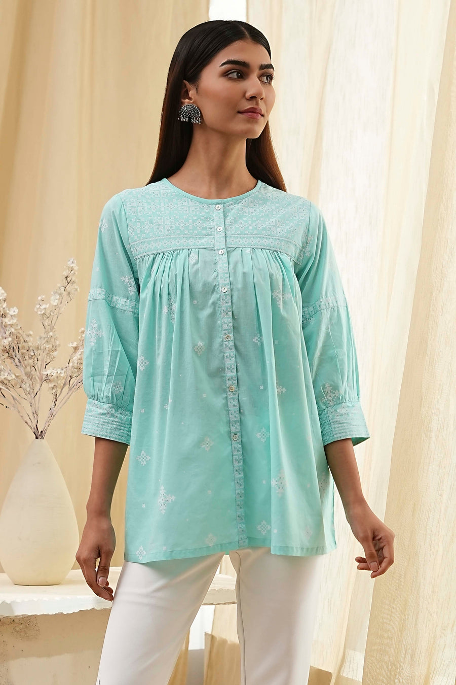 Aqua Cotton Straight Shirt-Style Short Kurta K60