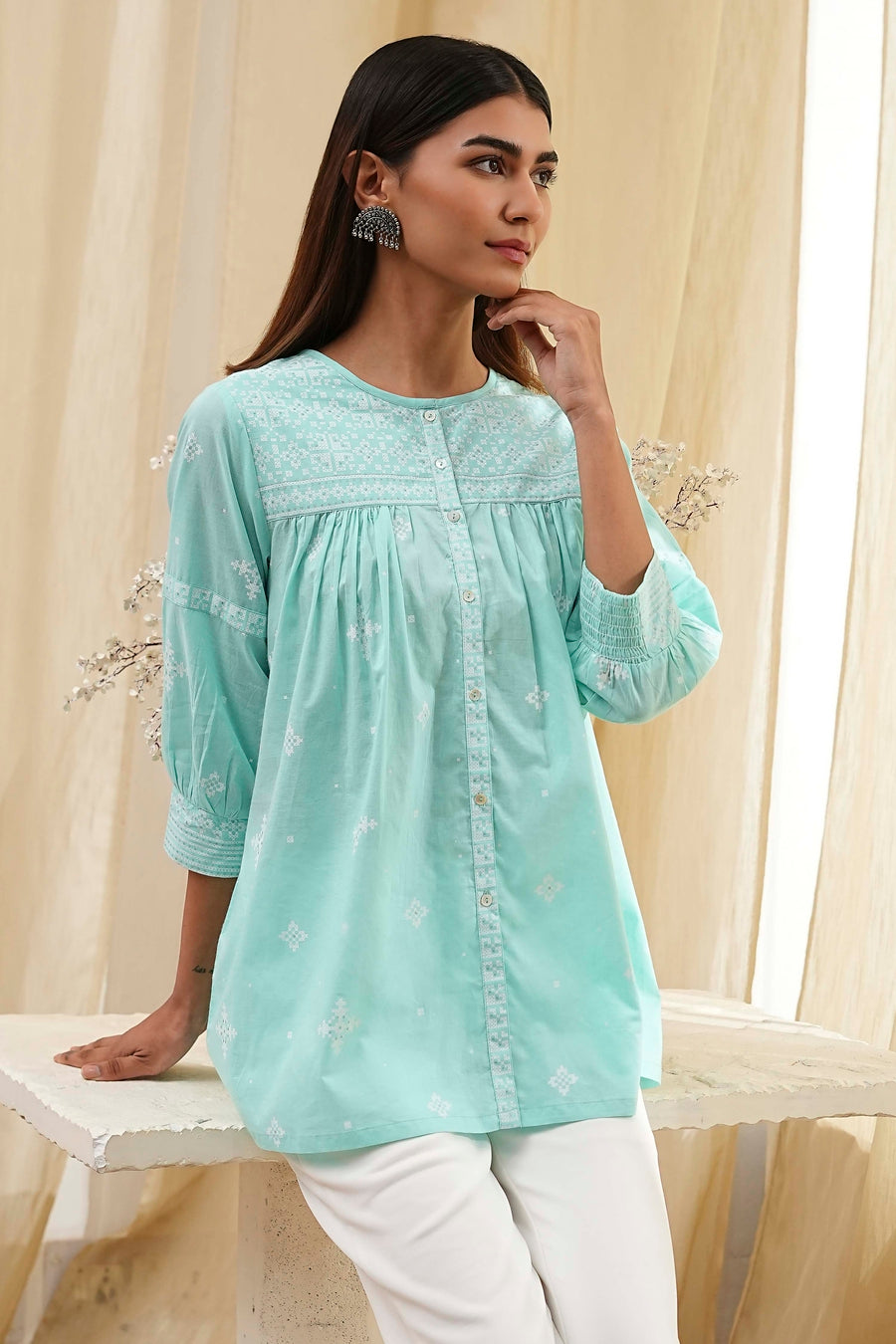 Aqua Cotton Straight Shirt-Style Short Kurta K60