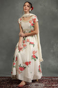Cream-Colored Silk Chanderi Floral Printed Anarkali Suit Set A34