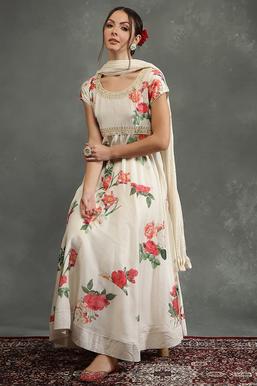 Cream-Colored Silk Chanderi Floral Printed Anarkali Suit Set A34