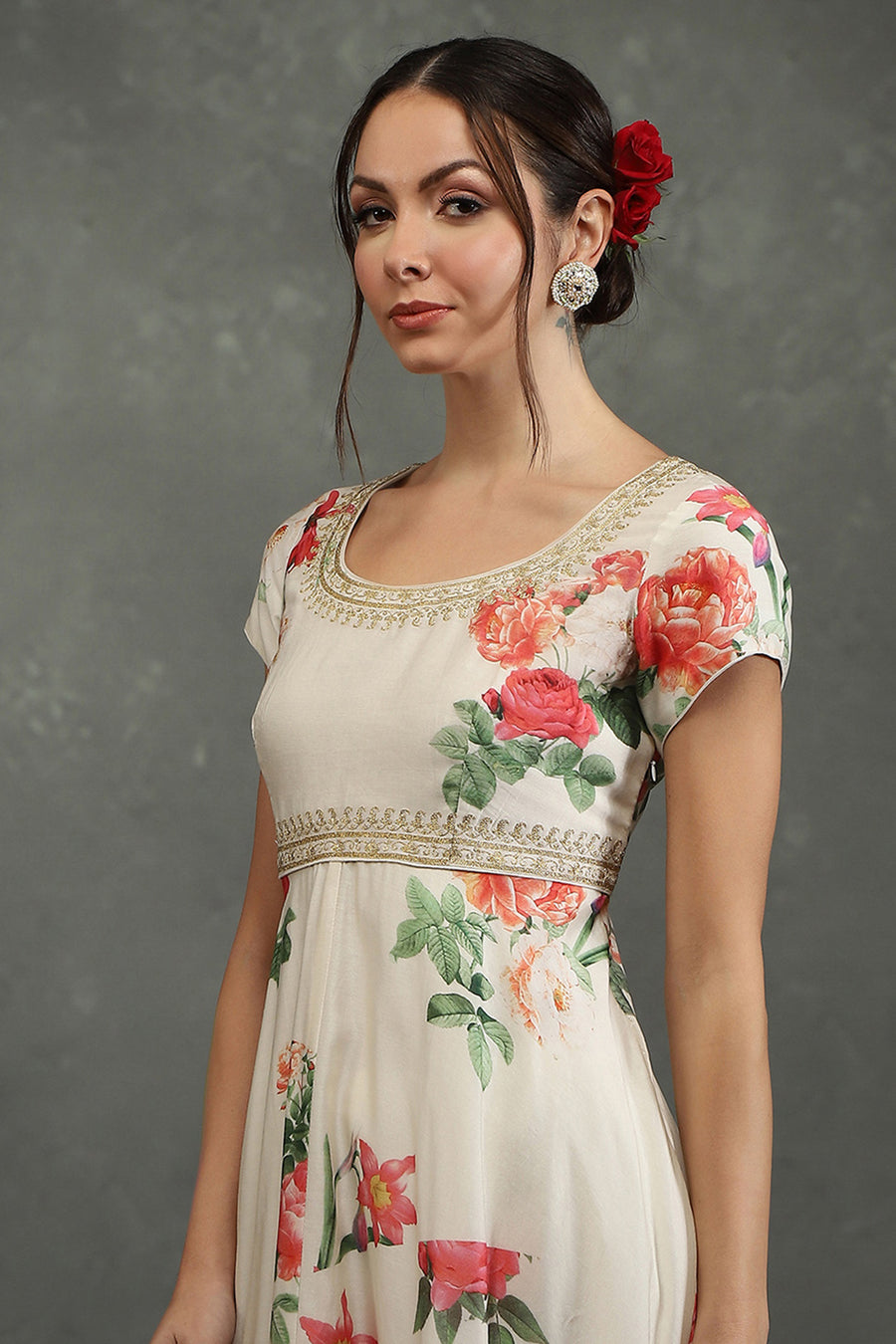 Cream-Colored Silk Chanderi Floral Printed Anarkali Suit Set A34