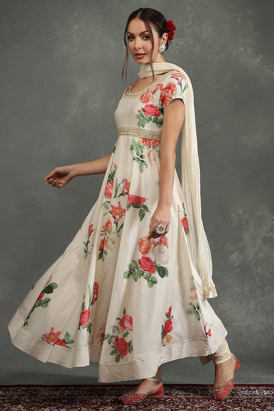 Cream-Colored Silk Chanderi Floral Printed Anarkali Suit Set A34