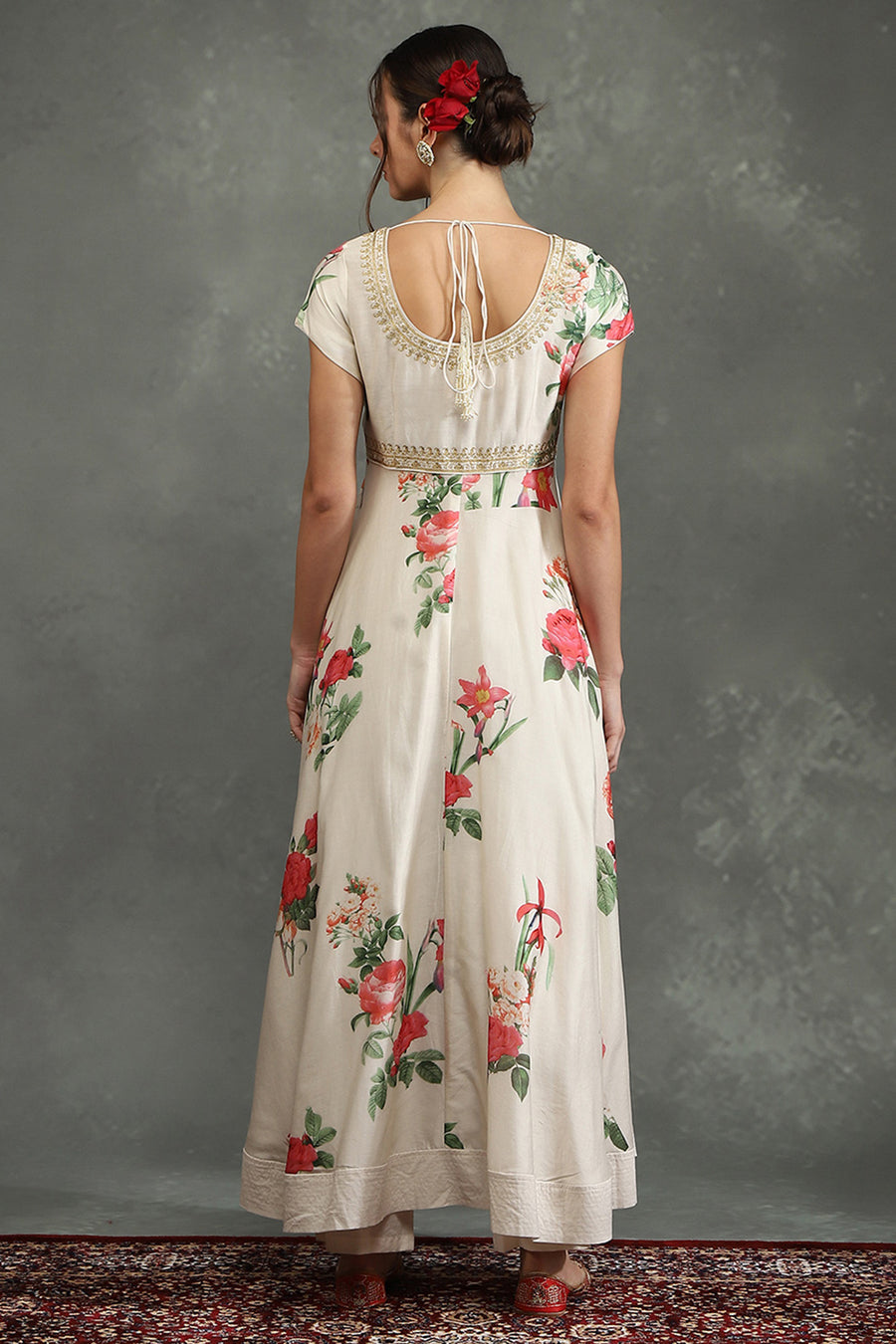 Cream-Colored Silk Chanderi Floral Printed Anarkali Suit Set A34