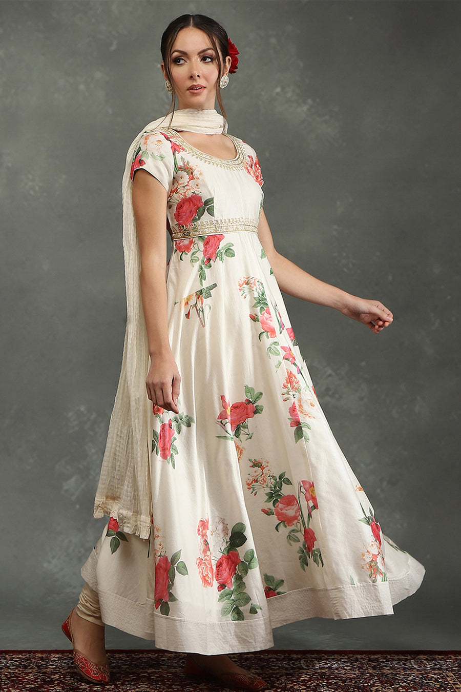 Cream-Colored Silk Chanderi Floral Printed Anarkali Suit Set A34