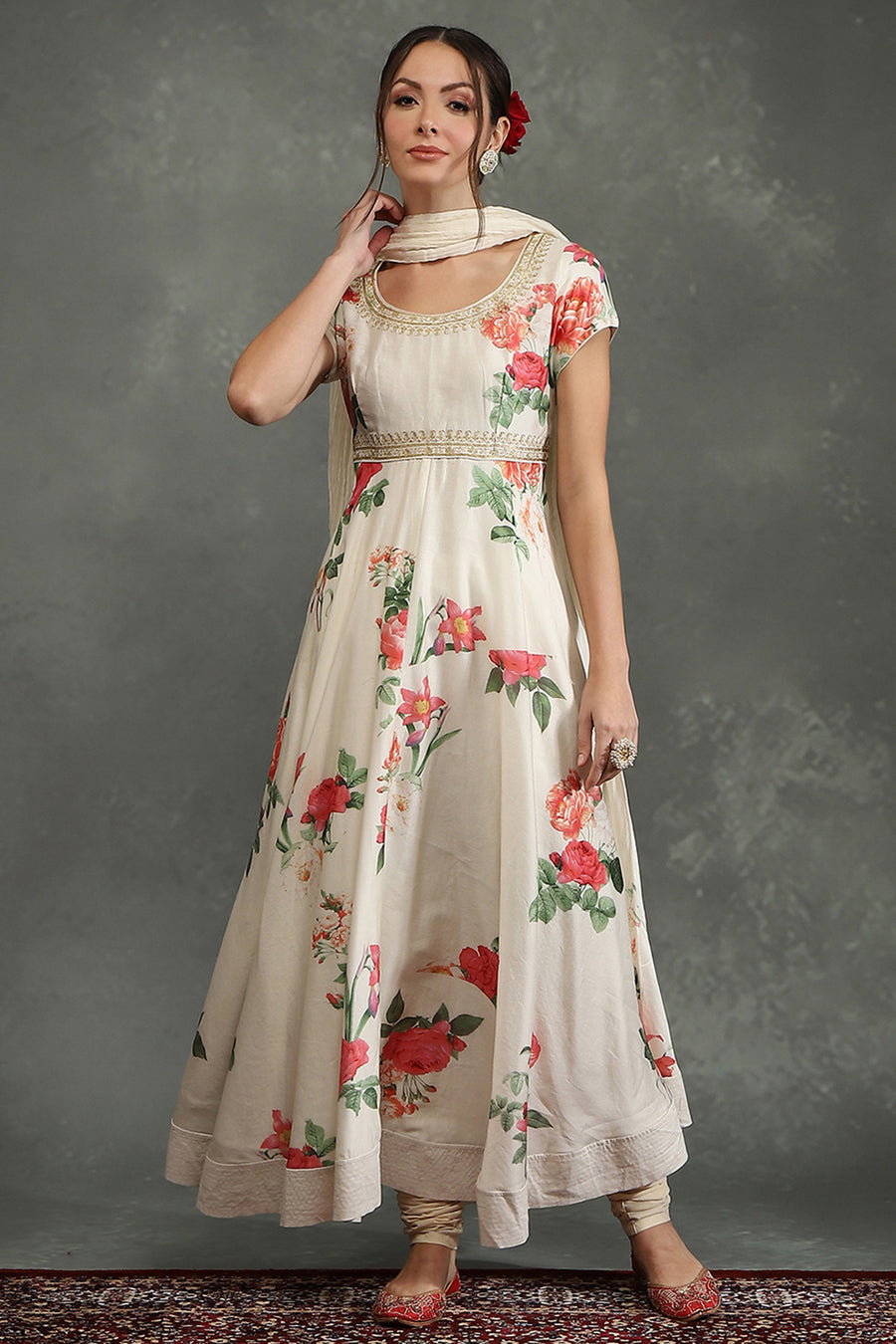 Cream-Colored Silk Chanderi Floral Printed Anarkali Suit Set A34