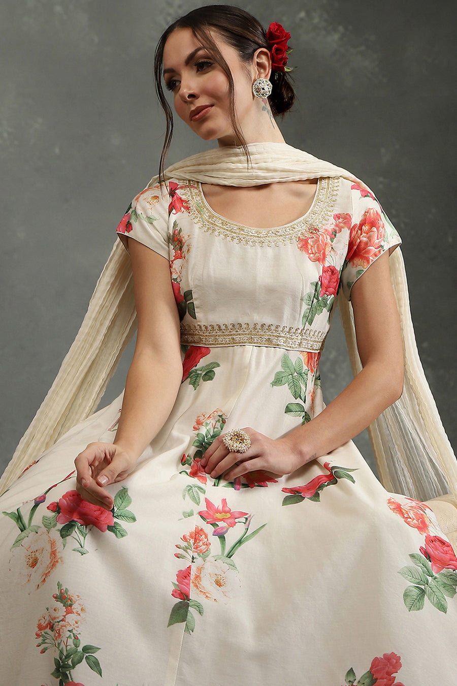 Cream-Colored Silk Chanderi Floral Printed Anarkali Suit Set A34
