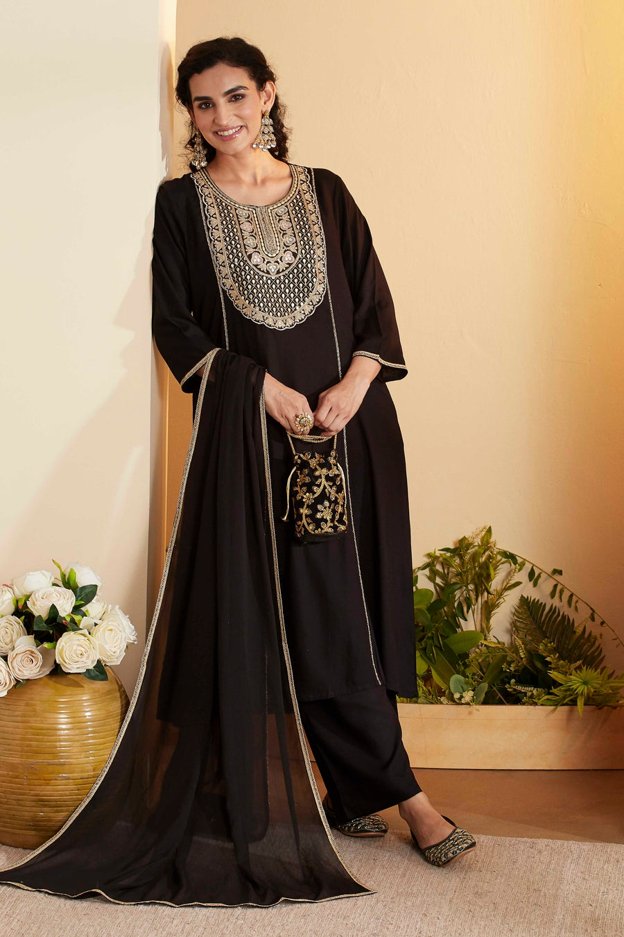Black Viscose Rayon Yoke Design Straight Kurta Set KS60