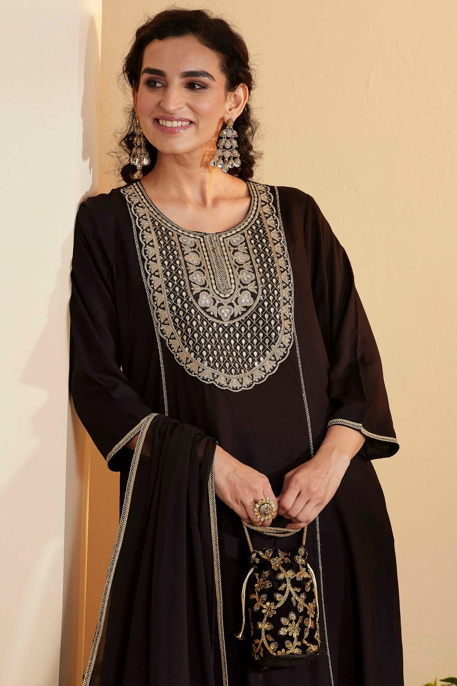 Black Viscose Rayon Yoke Design Straight Kurta Set KS60