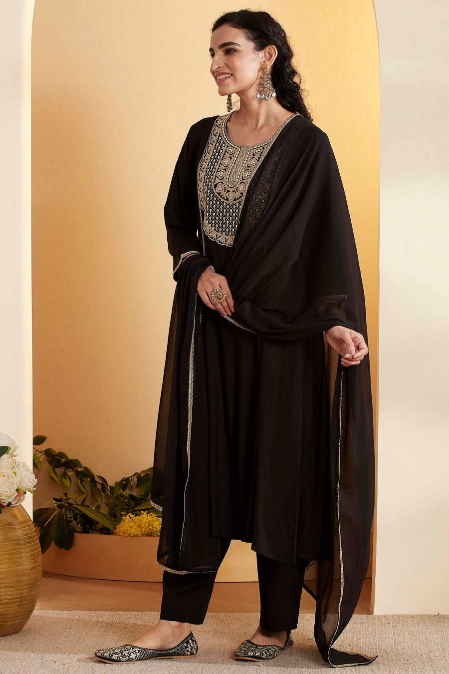 Black Viscose Rayon Yoke Design Straight Kurta Set KS60