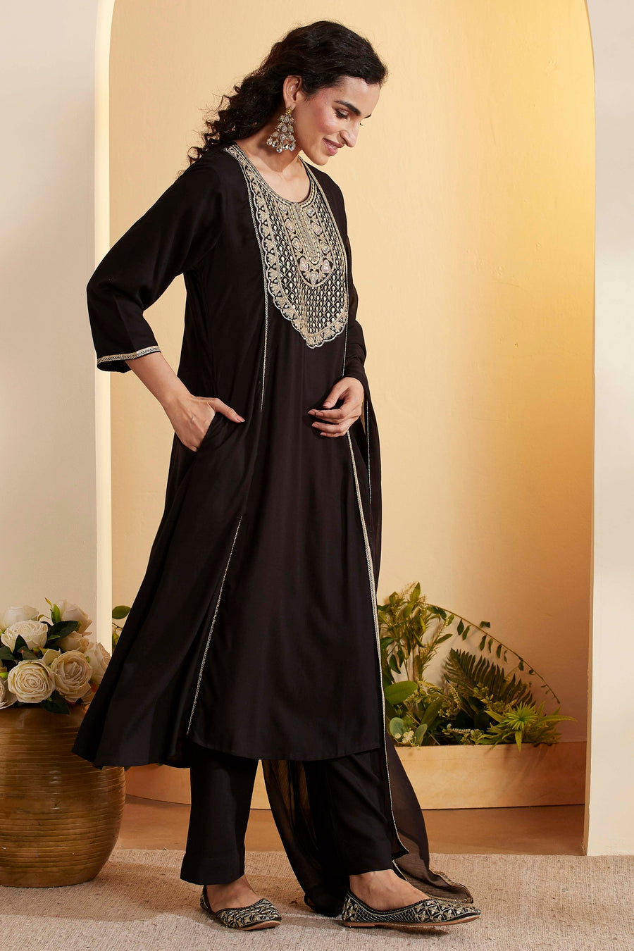 Black Viscose Rayon Yoke Design Straight Kurta Set KS60