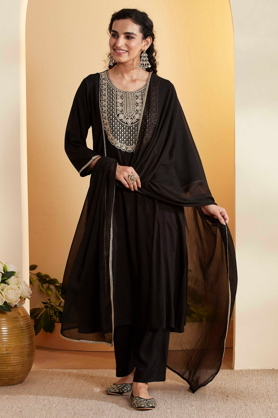 Black Viscose Rayon Yoke Design Straight Kurta Set KS60