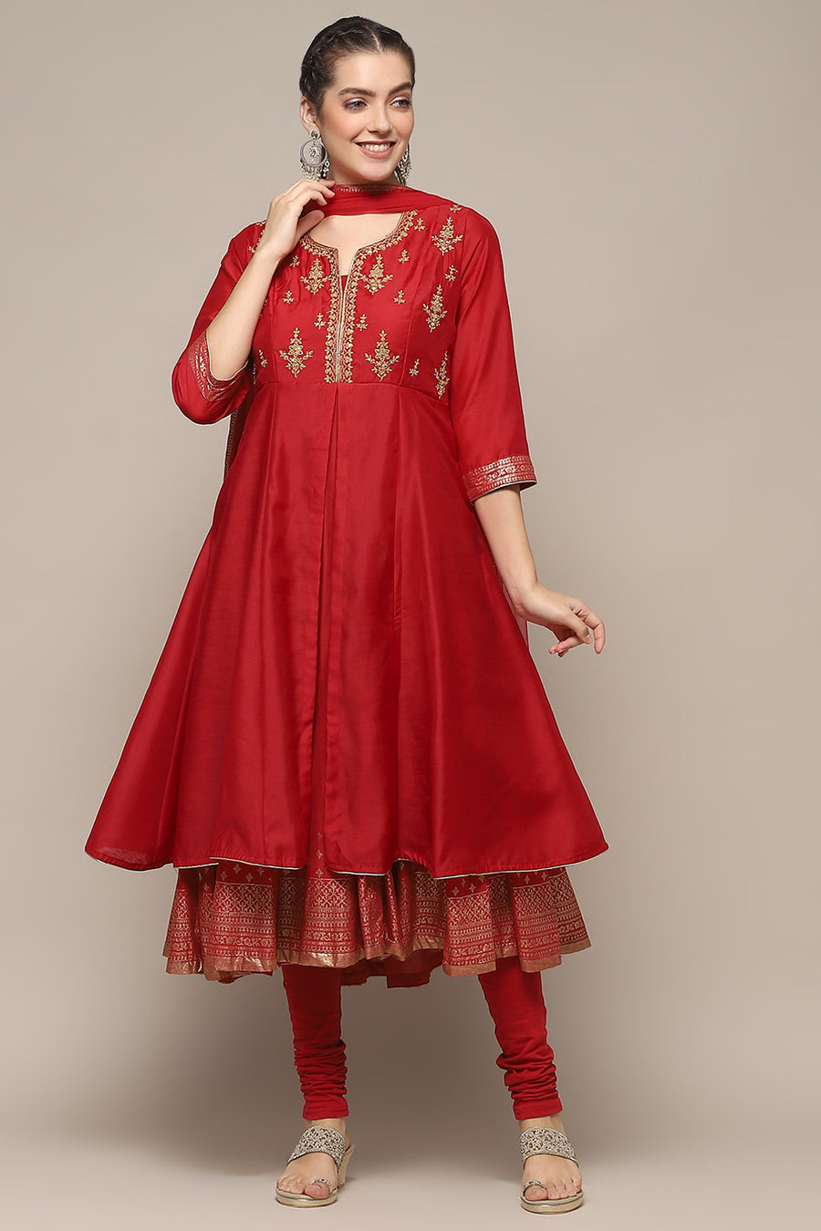 Red Nylon Anarkali Kurta Churidar Suit Set A34