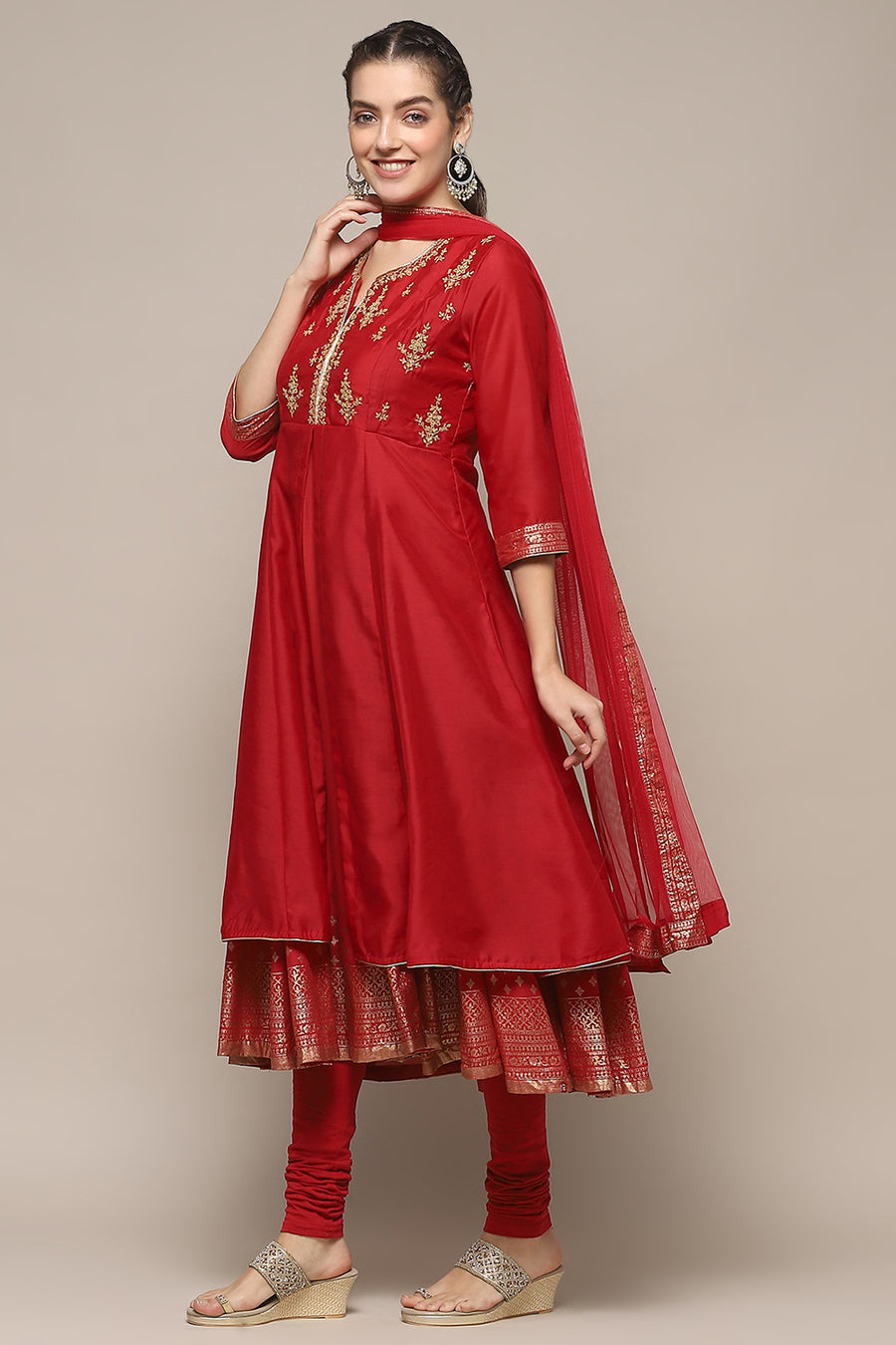 Red Nylon Anarkali Kurta Churidar Suit Set A34