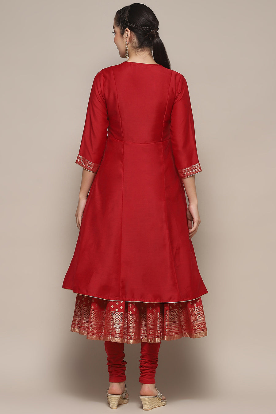 Red Nylon Anarkali Kurta Churidar Suit Set A34