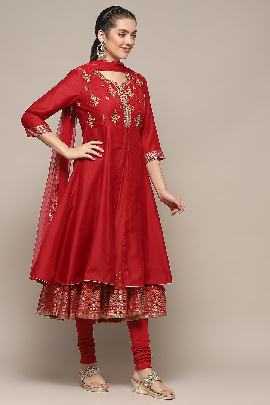 Red Nylon Anarkali Kurta Churidar Suit Set A34