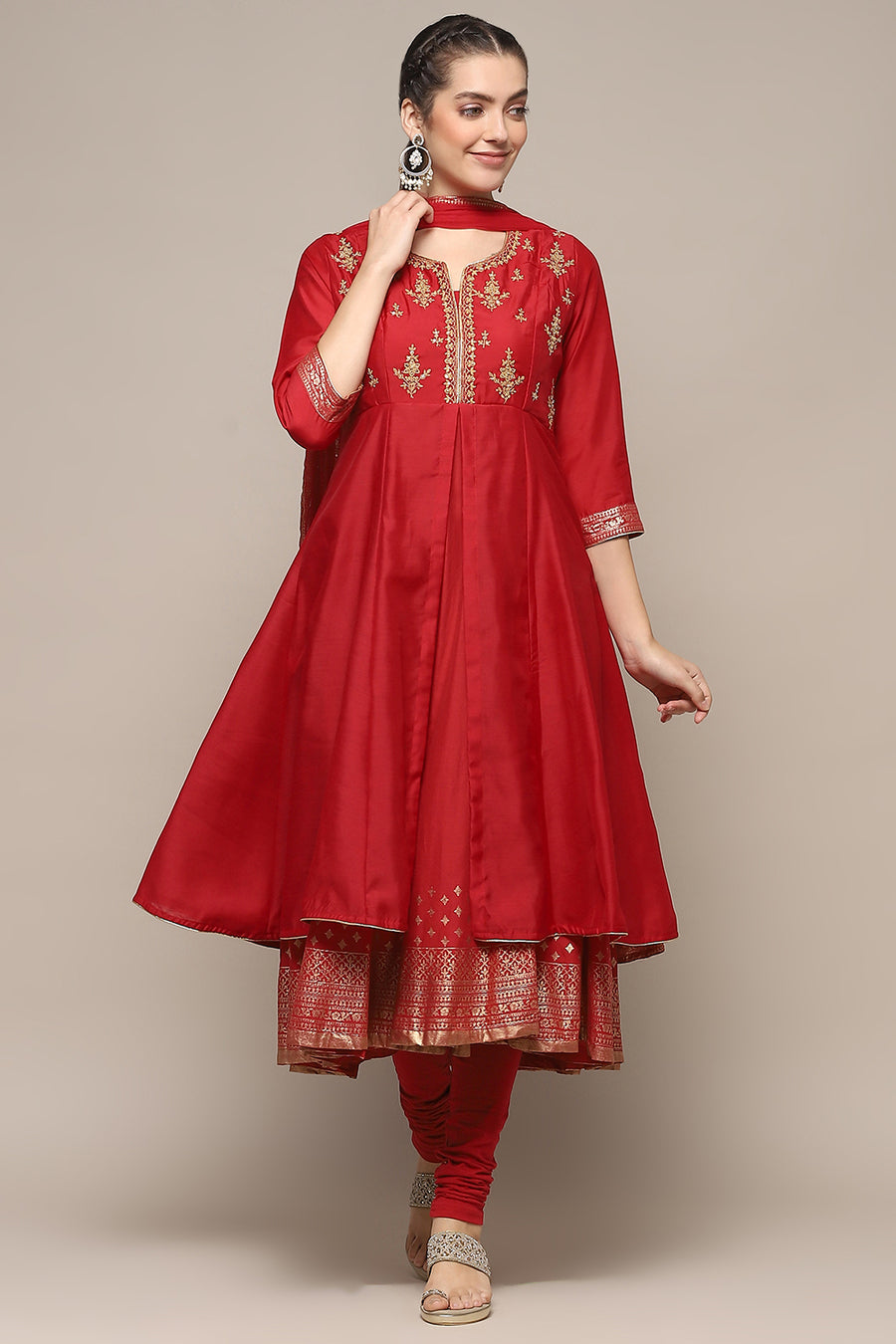 Red Nylon Anarkali Kurta Churidar Suit Set A34