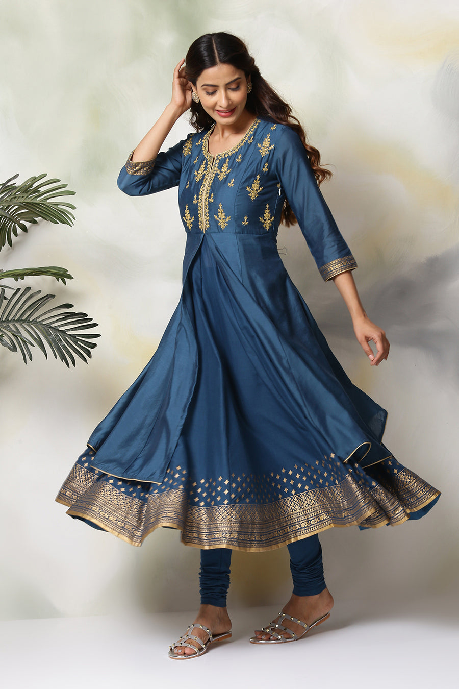 Blue Cotton Blend Anarkali Kurta Churidar Suit Set A34