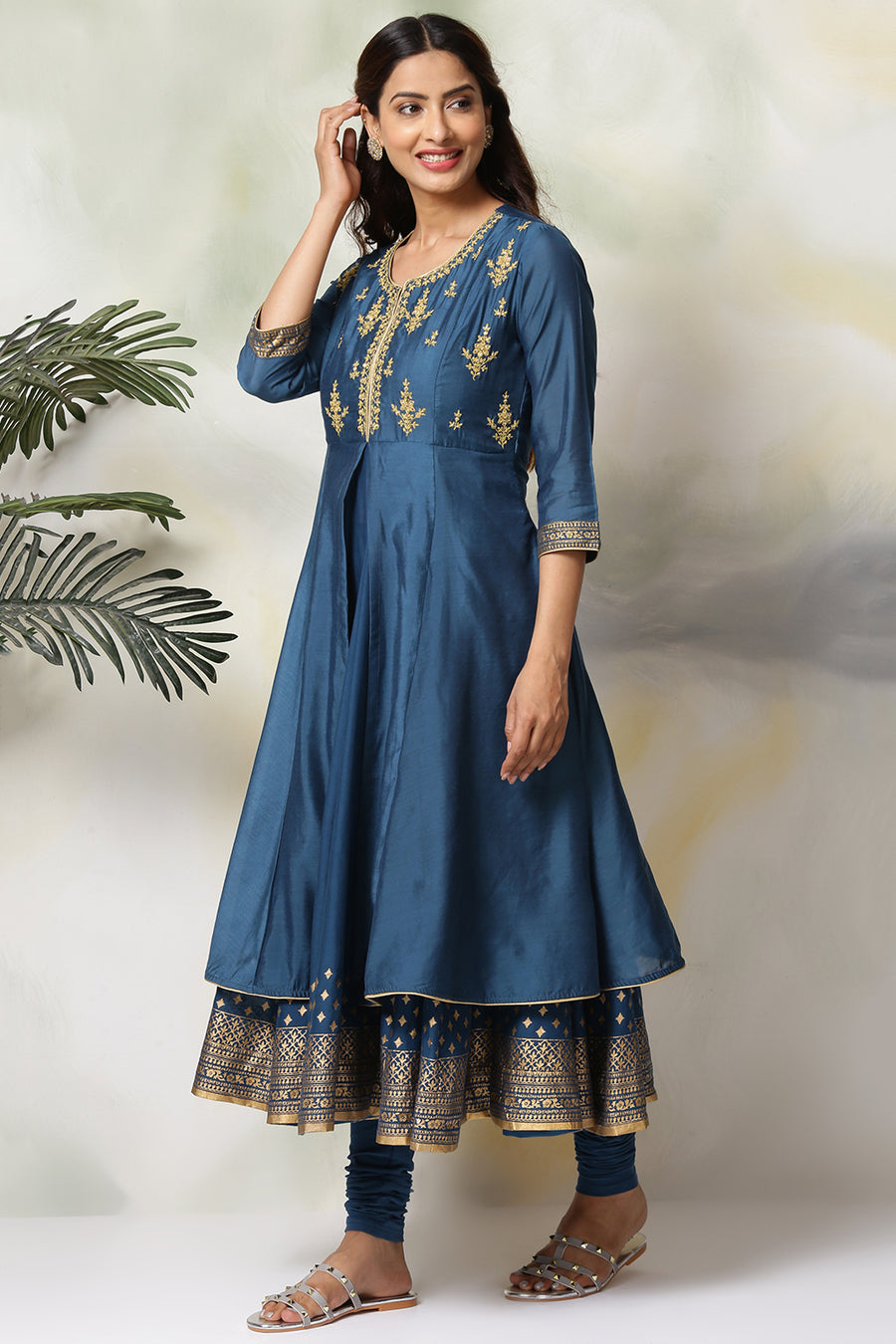Blue Cotton Blend Anarkali Kurta Churidar Suit Set A34