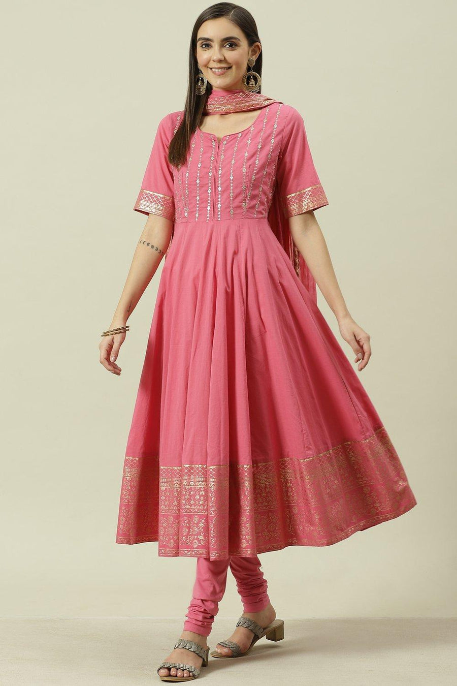 Pink Embroidered Cotton Anarkali Kurta Churidar Suit Set A34