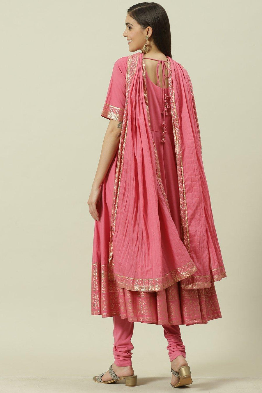 Pink Embroidered Cotton Anarkali Kurta Churidar Suit Set A34