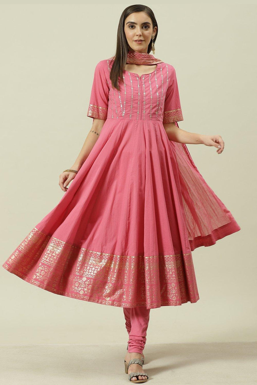 Pink Embroidered Cotton Anarkali Kurta Churidar Suit Set A34