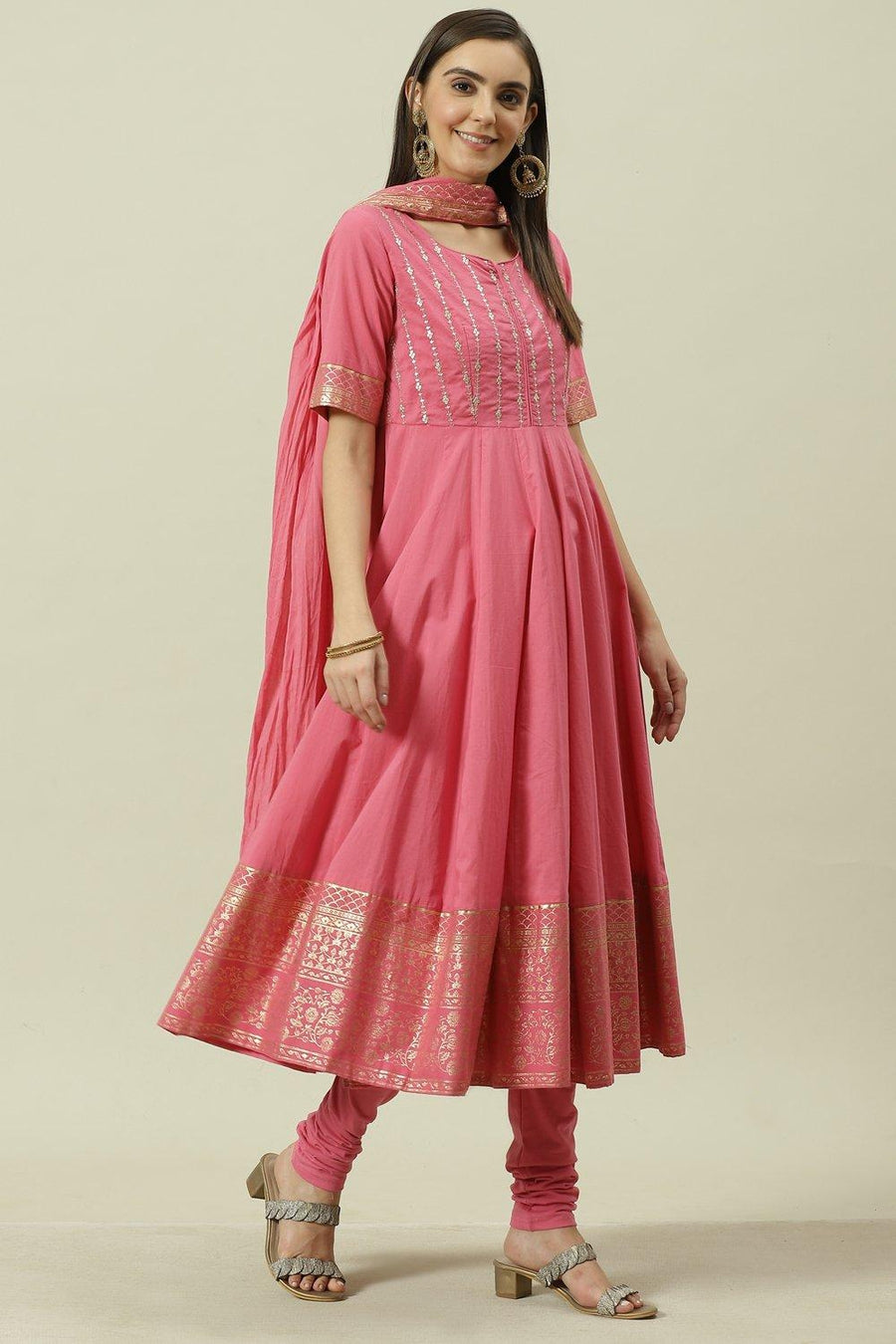 Pink Embroidered Cotton Anarkali Kurta Churidar Suit Set A34