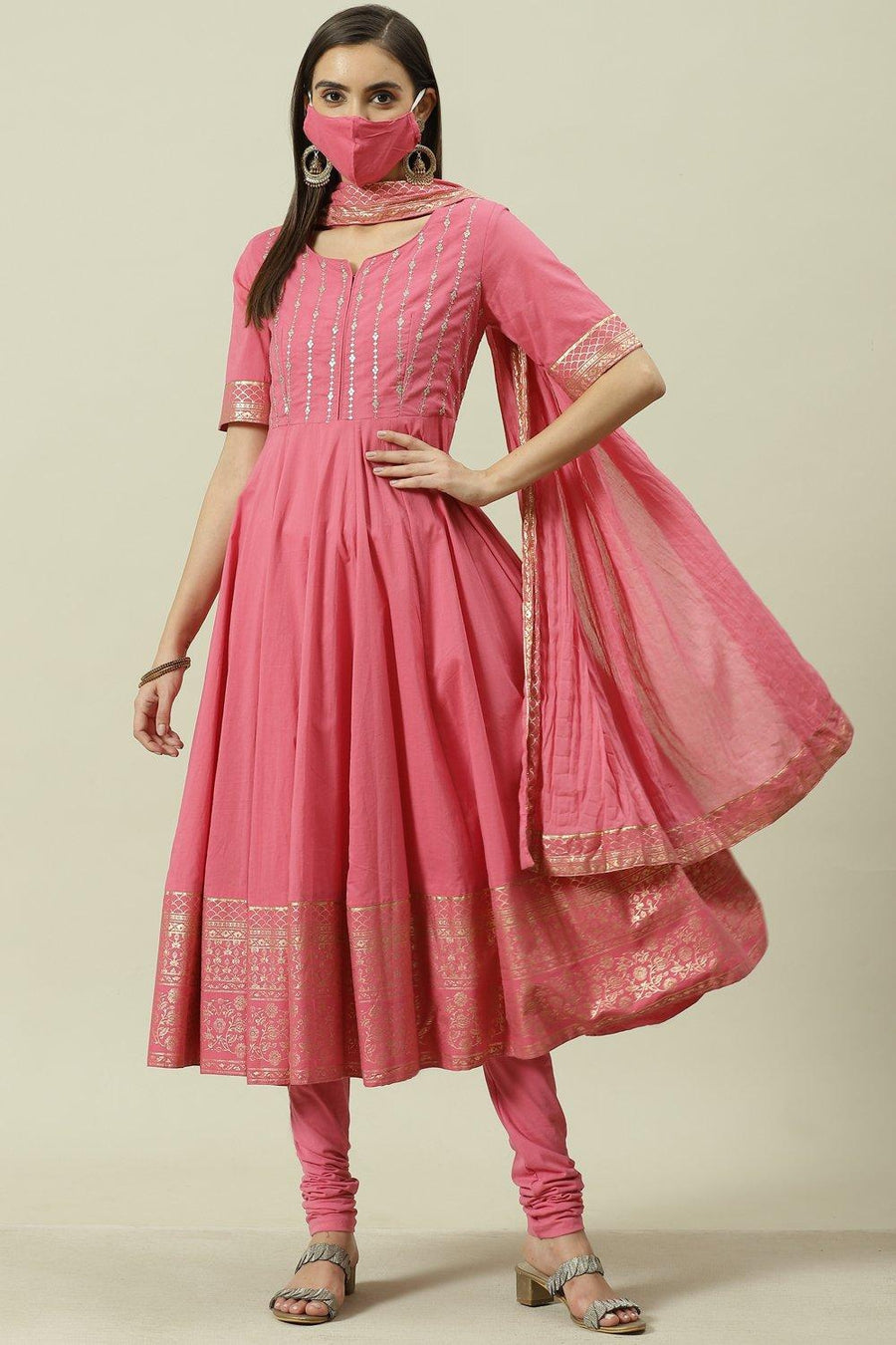 Pink Embroidered Cotton Anarkali Kurta Churidar Suit Set A34