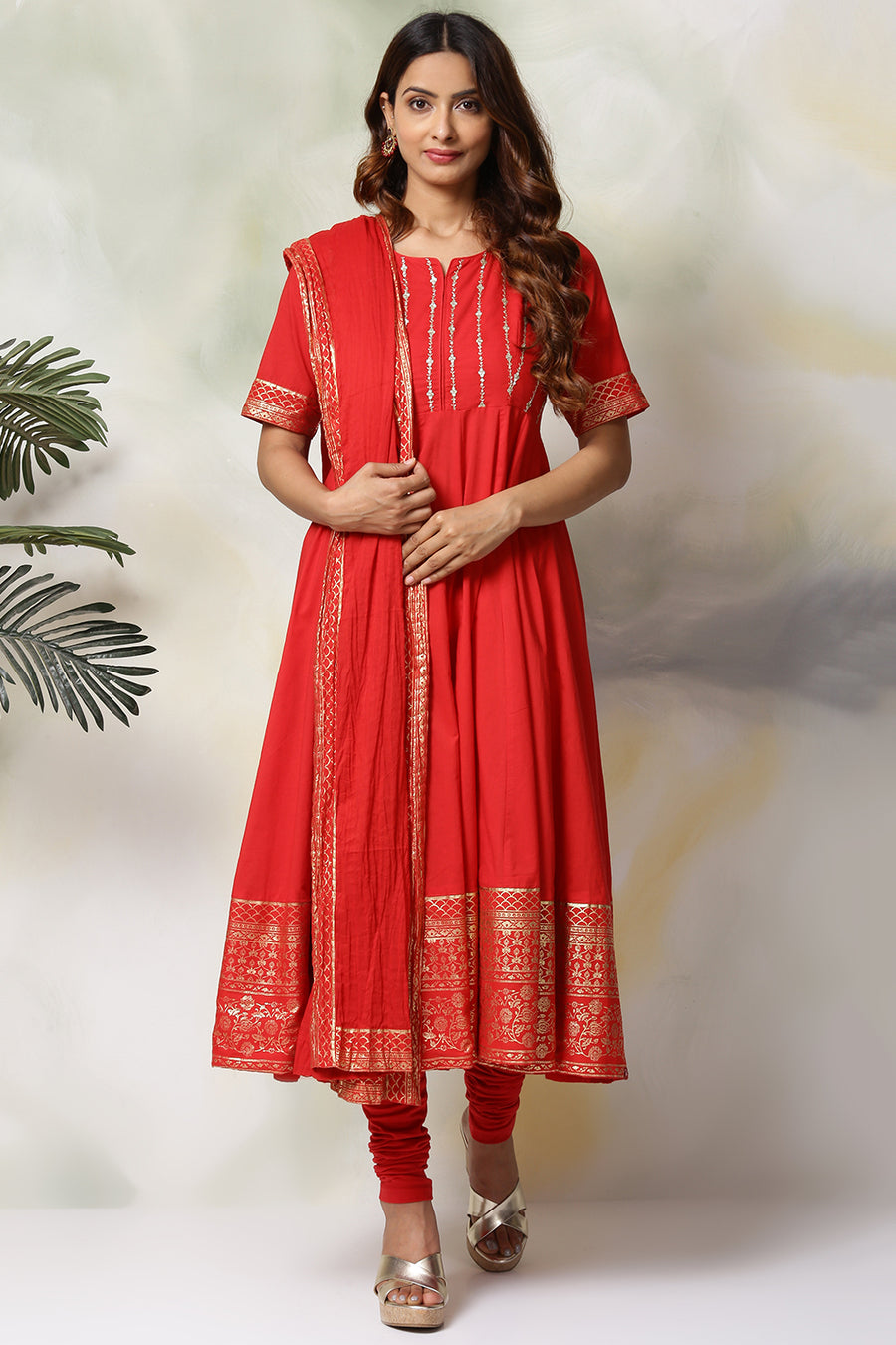 Red Cotton Anarkali Kurta Churidar Suit Set A34
