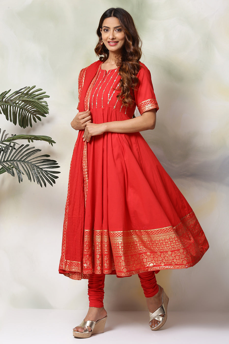 Red Cotton Anarkali Kurta Churidar Suit Set A34
