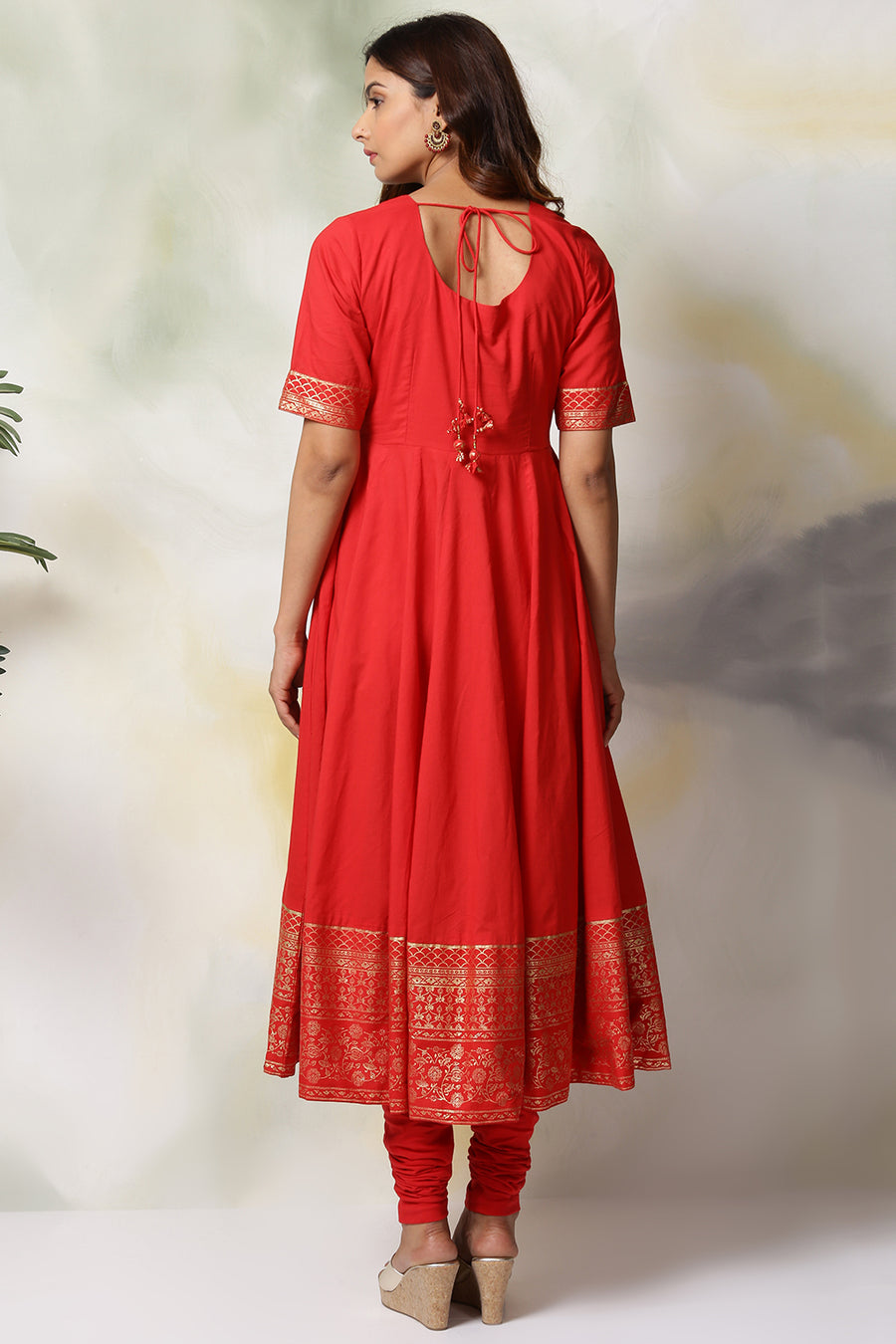 Red Cotton Anarkali Kurta Churidar Suit Set A34