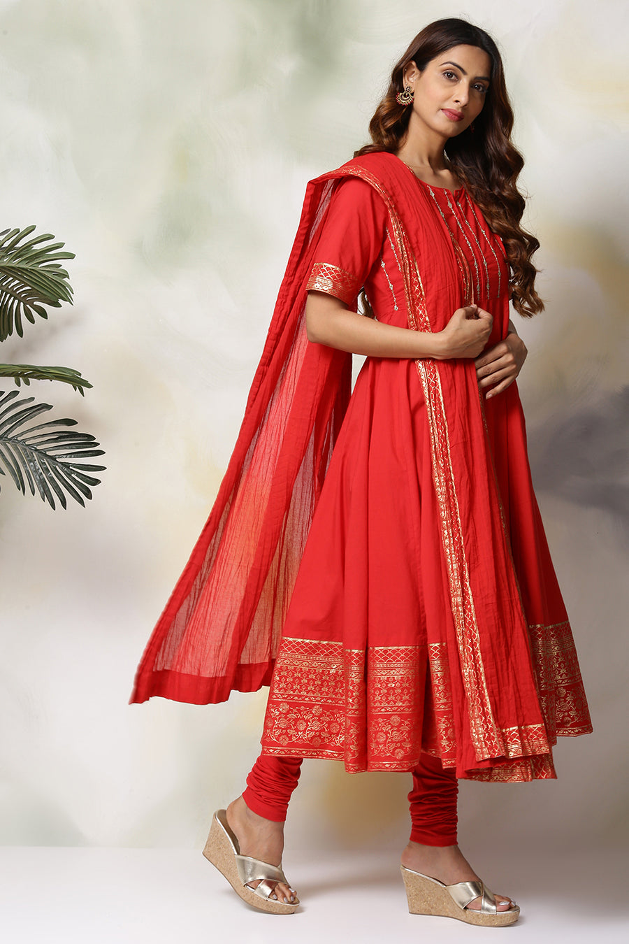 Red Cotton Anarkali Kurta Churidar Suit Set A34