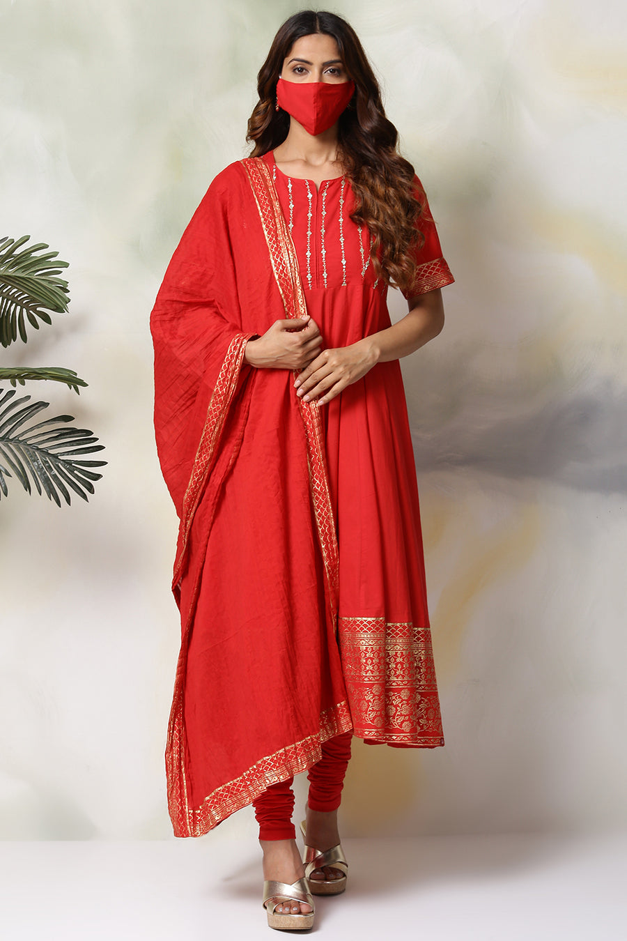 Red Cotton Anarkali Kurta Churidar Suit Set A34