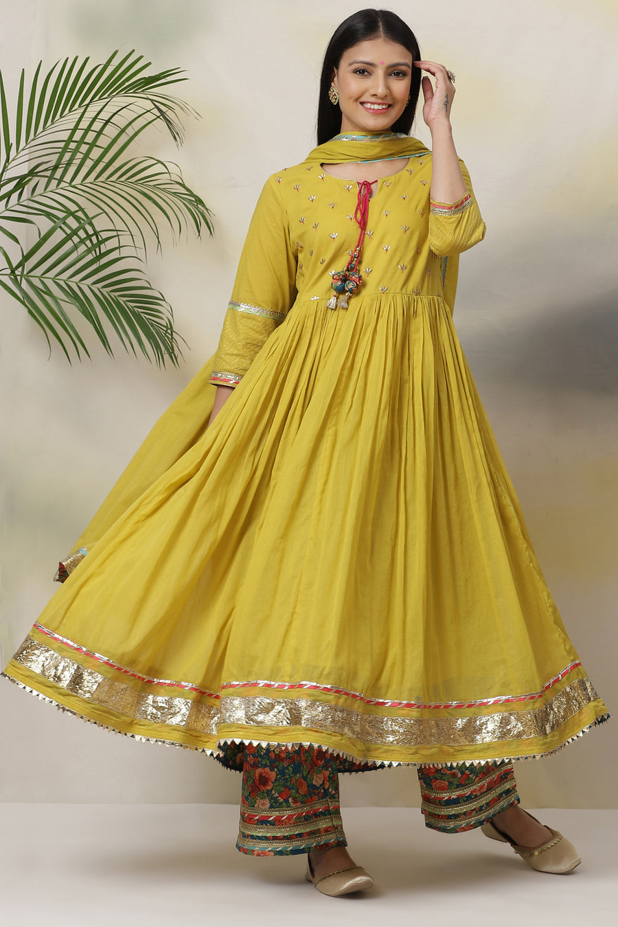 Lime Green Cotton Anarkali Kurta Palazzo Suit Set A34