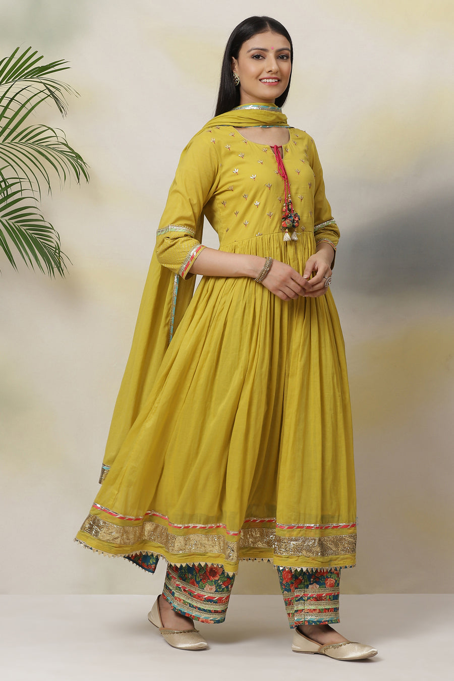 Lime Green Cotton Anarkali Kurta Palazzo Suit Set A34