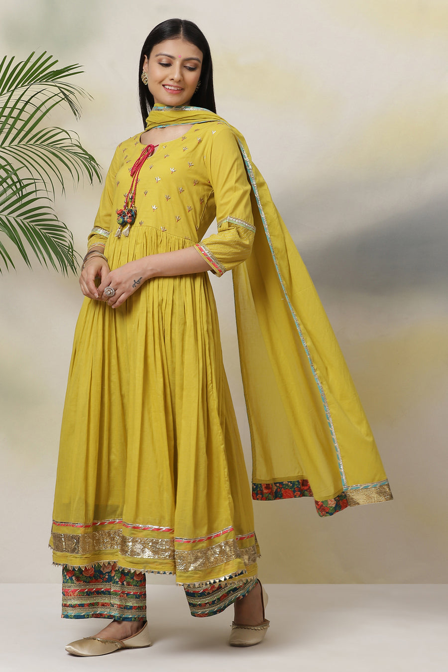 Lime Green Cotton Anarkali Kurta Palazzo Suit Set A34