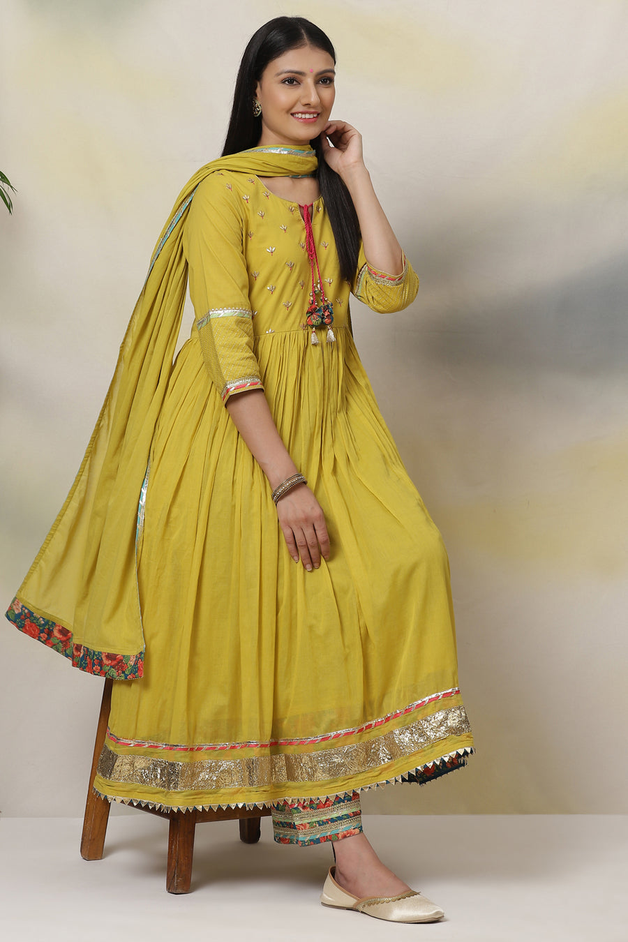 Lime Green Cotton Anarkali Kurta Palazzo Suit Set A34